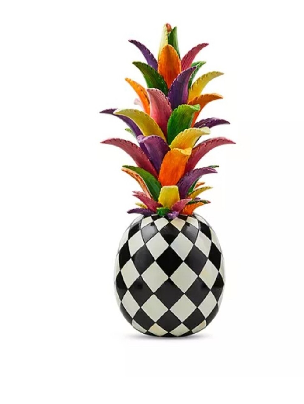MacKenzie-ChildsTutti Frutti Black & White Check Pineapple with Colorful Leaves